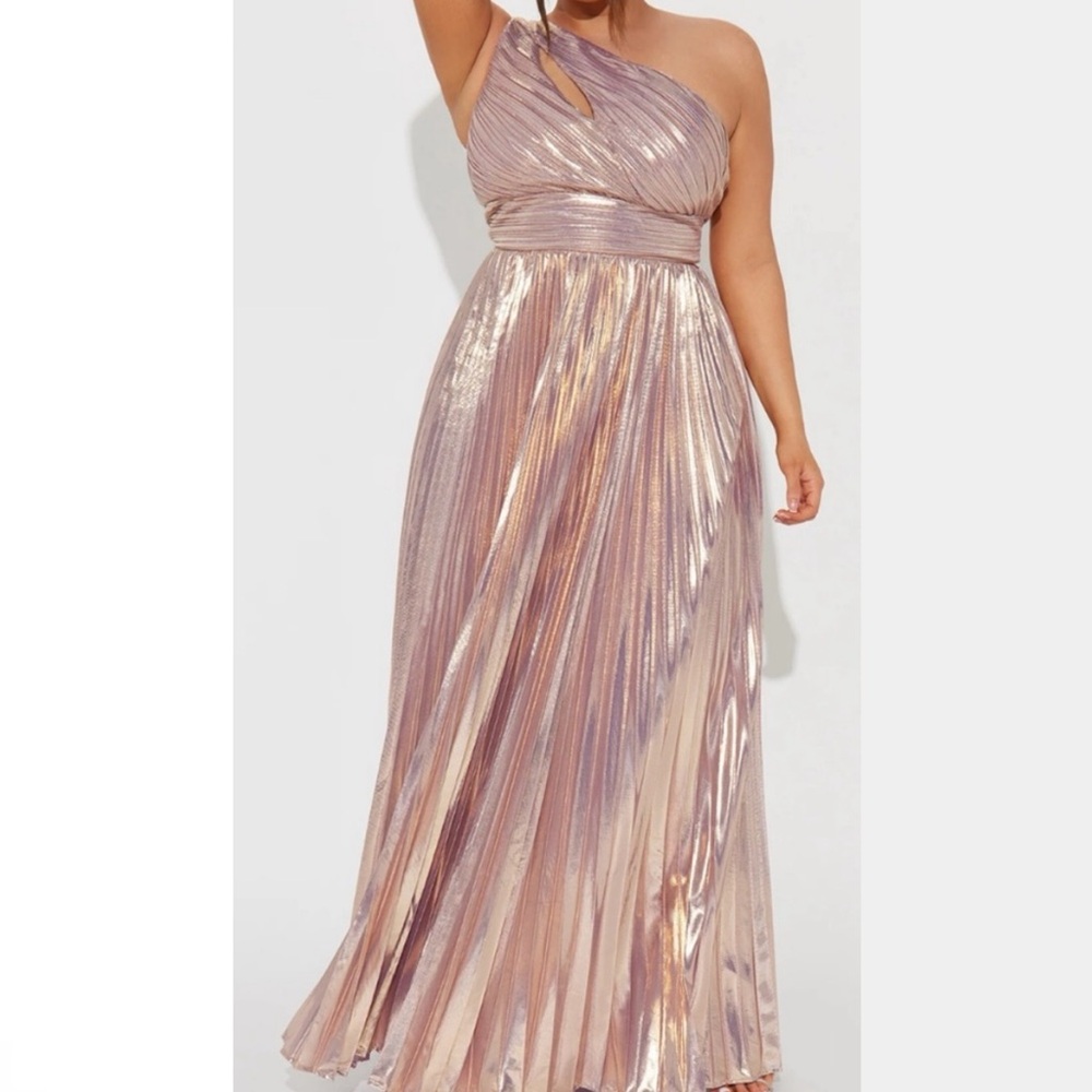 NWT shimmery purple & gold metallic one shoulder evening gown